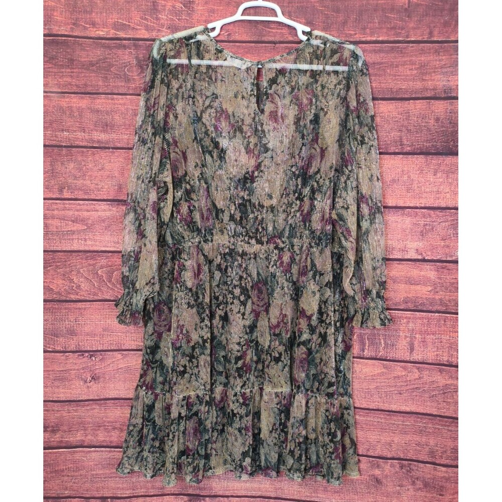 LC Lauren Conrad Sz 3X Floral Gold Metall Chiffon Sheer Sleeve Tiered Mini Dress - Picture 2 of 10
